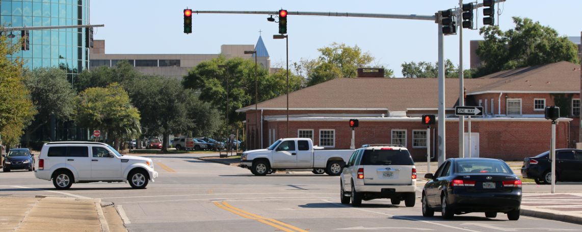 The intersection of Spring and West Garden streets in downtown Pensacola, near the Washerwoman Creek bed.