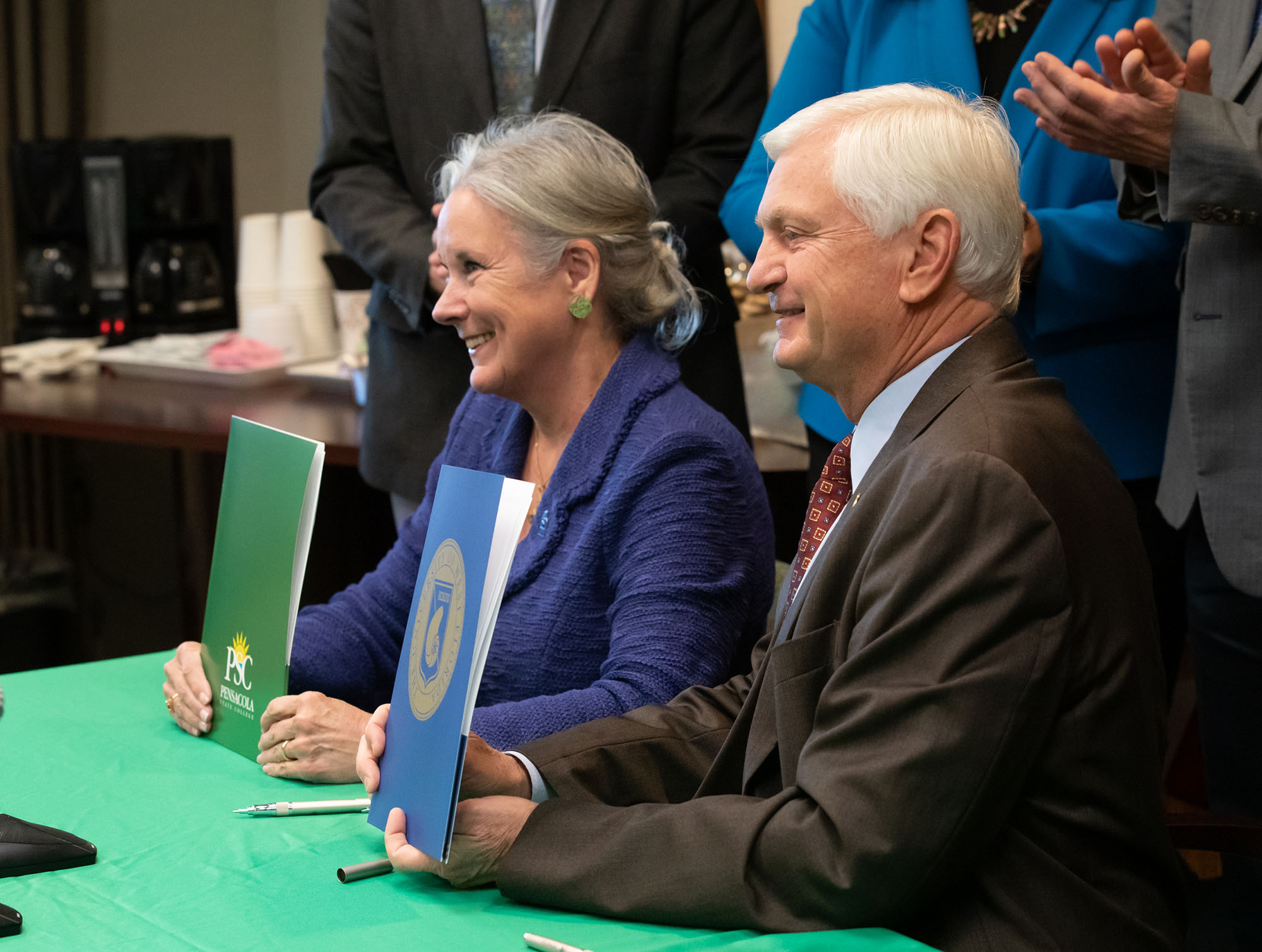 UWF President Martha D. Saunders and PSC President Ed Meadows at the PSC2UWF extended partnership signing ceremony on Tuesday, March 5, 2019
