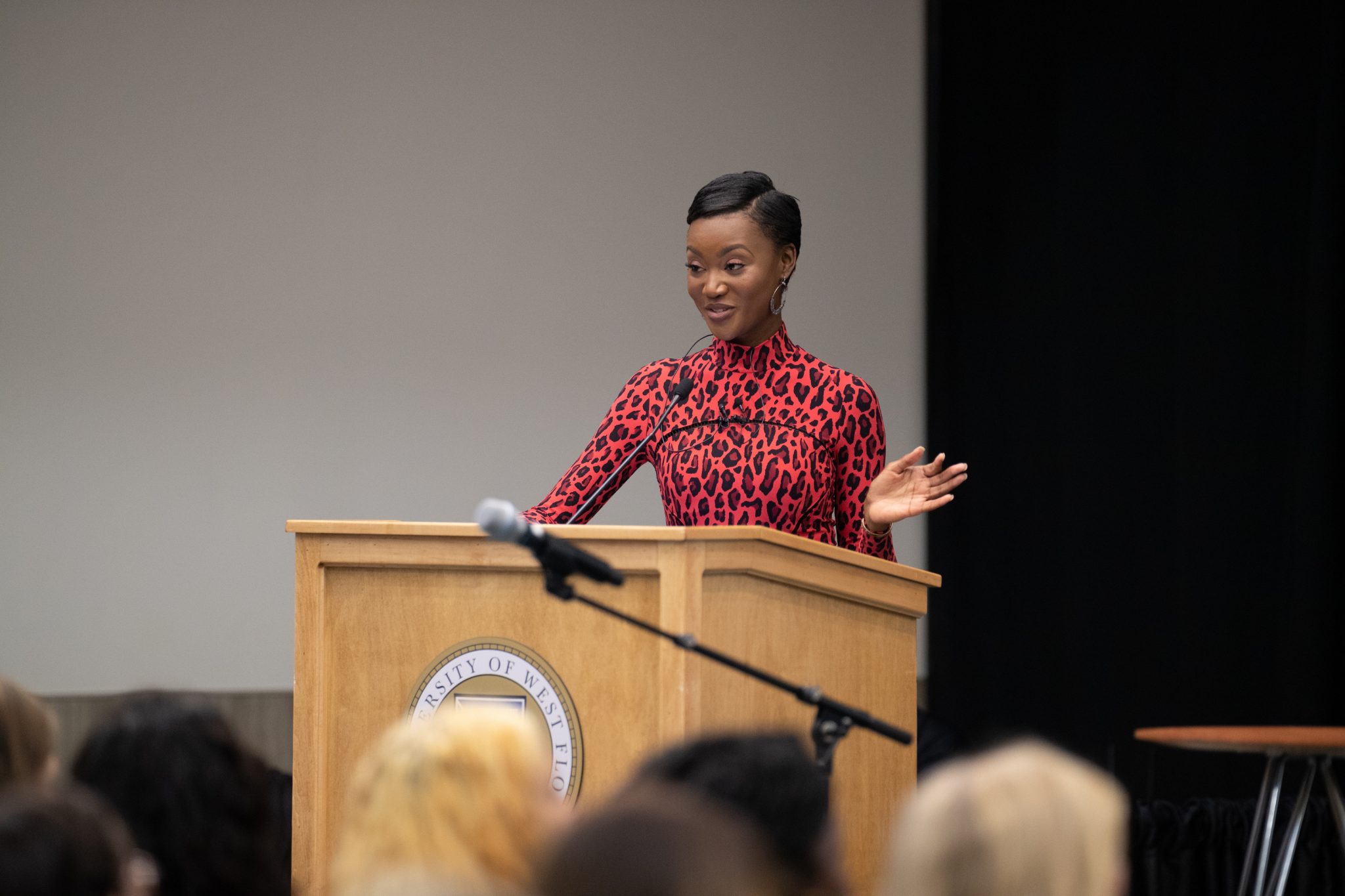 The 2020 Women in Leadship keynote speaker, Deshauna Barber, a former Miss USA, U.S. Army Captain and STEM graduate taking the stage