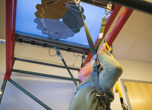 UWF professors Dr. Valerie Morganson and Dr. Steve Kass, along with graduate students Kenzie Hurley, Cayla Hartley, Kaylin Strong and Dean Jones, conducting parachute simulations with former U.S. Navy pilot Andy Caputi on Jan. 22, 2020.