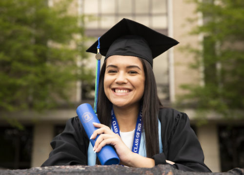 A UWF student takes a moment to tour the UWF campus and reflect on her last four years on April 7, 2020. Although unconventional circumstances have cancelled a traditional commencement ceremony, UWF graduates are still able to celebrate their achievements.