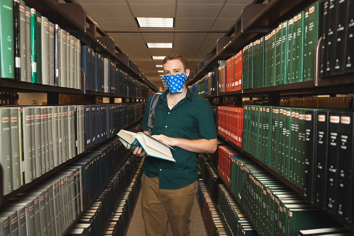 Theatre major Collin Crews wears face protection on the UWF campus on July 8, 2020.