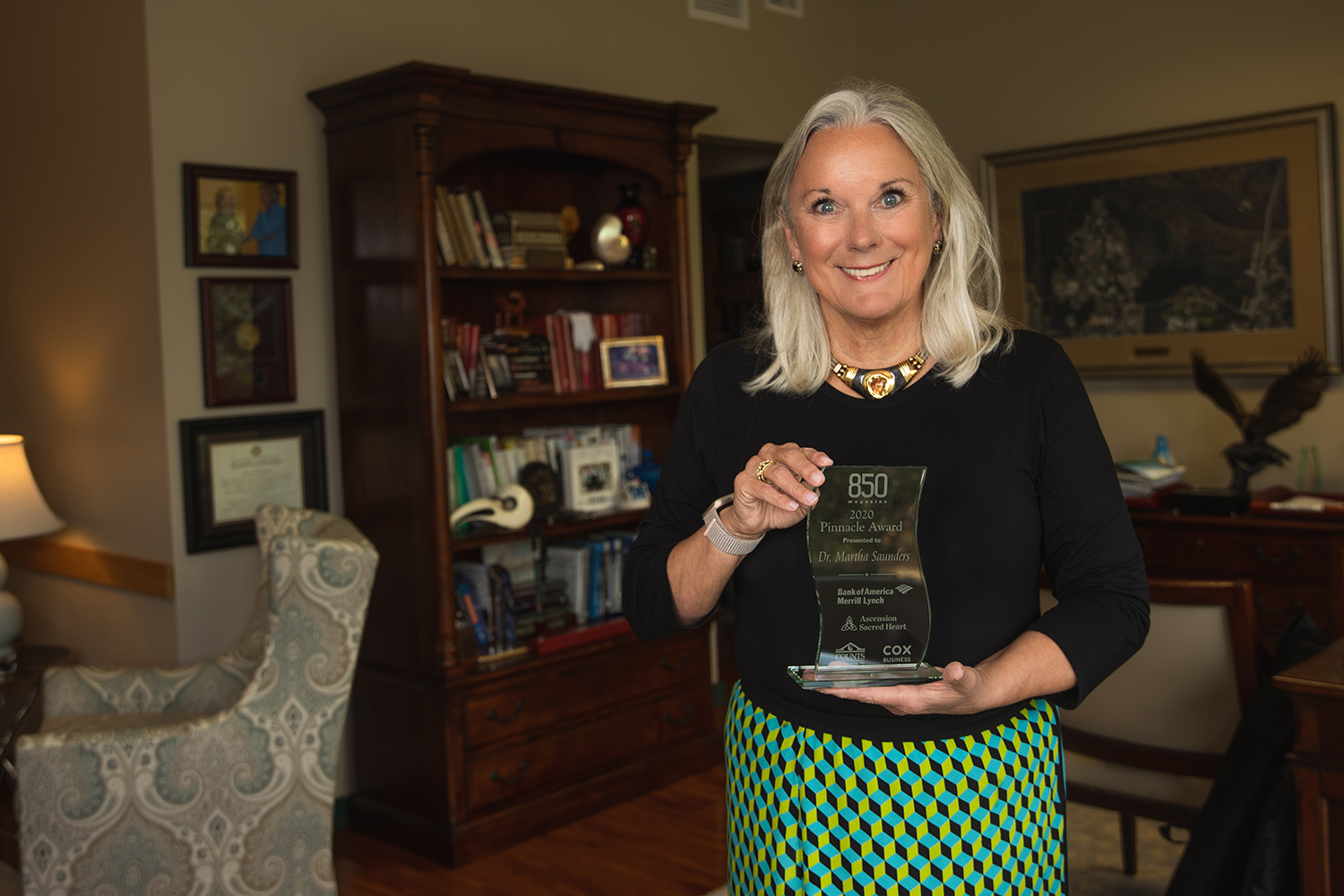UWF President Martha Saunders earned the 2020 Pinnacle Award from 850 Magazine. The award spotlights leading women in business who hold themselves to high standards and contribute to the betterment of the community.