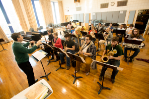 Dr. Joseph Spaniola leads the jazz ensemble rehearsal at the University of West Florida. 