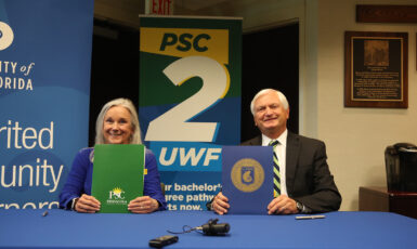 Photo: UWF President Martha D. Saunder and PSC President Ed Meadows at the “2+2” articulation agreement signing ceremony on Thursday, April 7, 2022 at the PSC campus