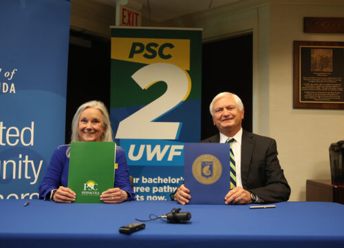Photo: UWF President Martha D. Saunder and PSC President Ed Meadows at the “2+2” articulation agreement signing ceremony on Thursday, April 7, 2022 at the PSC campus