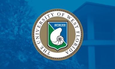 Presidential seal over a picture of the UWF Pensacola Campus