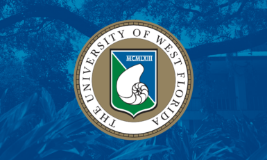 Graphic containing the UWF Presidential Seal on top of a blue background.