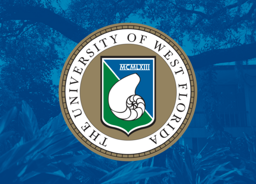 Graphic containing the UWF Presidential Seal on top of a blue background.