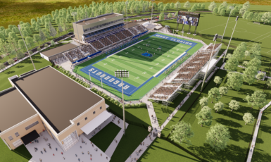 A bird's eye view graphic rendering of the future Darrell Gooden Stadium. A football field surrounded by a new stadium.