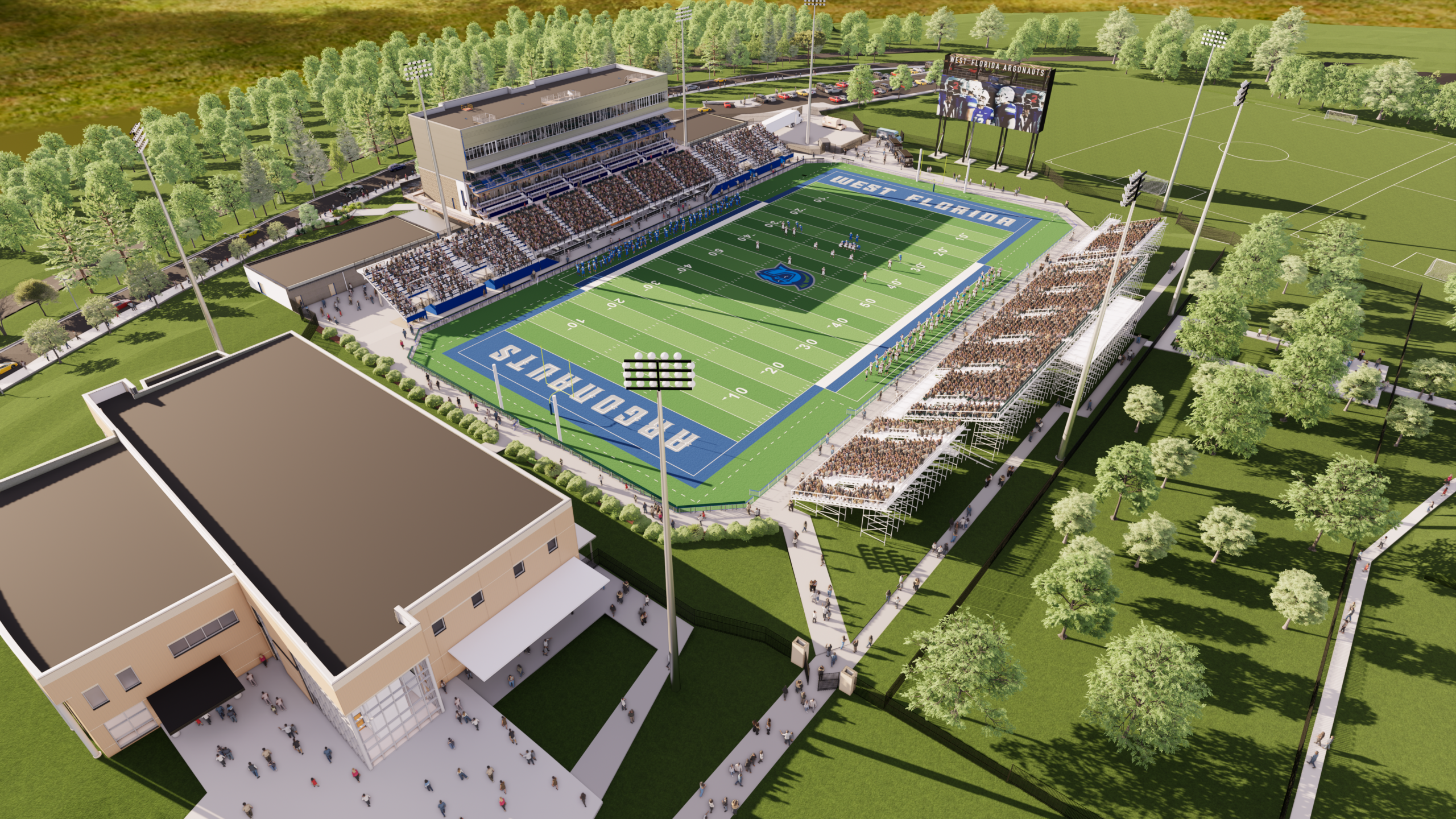 A bird's eye view graphic rendering of the future Darrell Gooden Stadium. A football field surrounded by a new stadium.