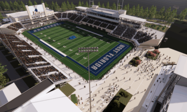 Graphic rendering of the future Darrell Gooden Stadium. A football field surrounded by a new stadium.