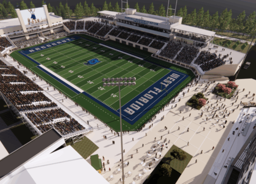 Graphic rendering of the future Darrell Gooden Stadium. A football field surrounded by a new stadium.
