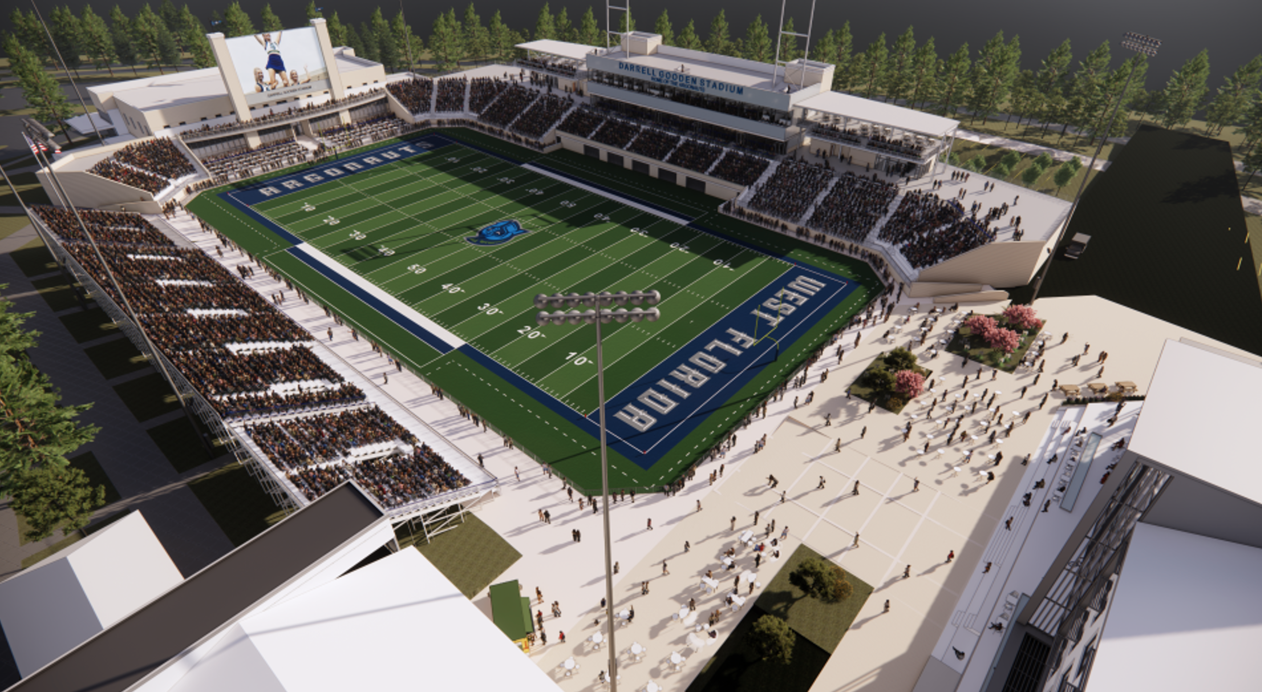 Graphic rendering of the future Darrell Gooden Stadium. A football field surrounded by a new stadium.