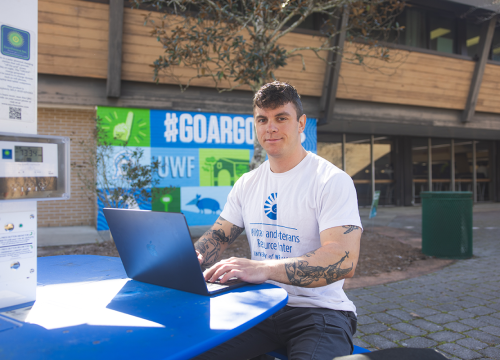 Photo: Man sits at a colored-blue picnic table typing on a laptop in front of a mural colored-blue and green that says #GoArgos