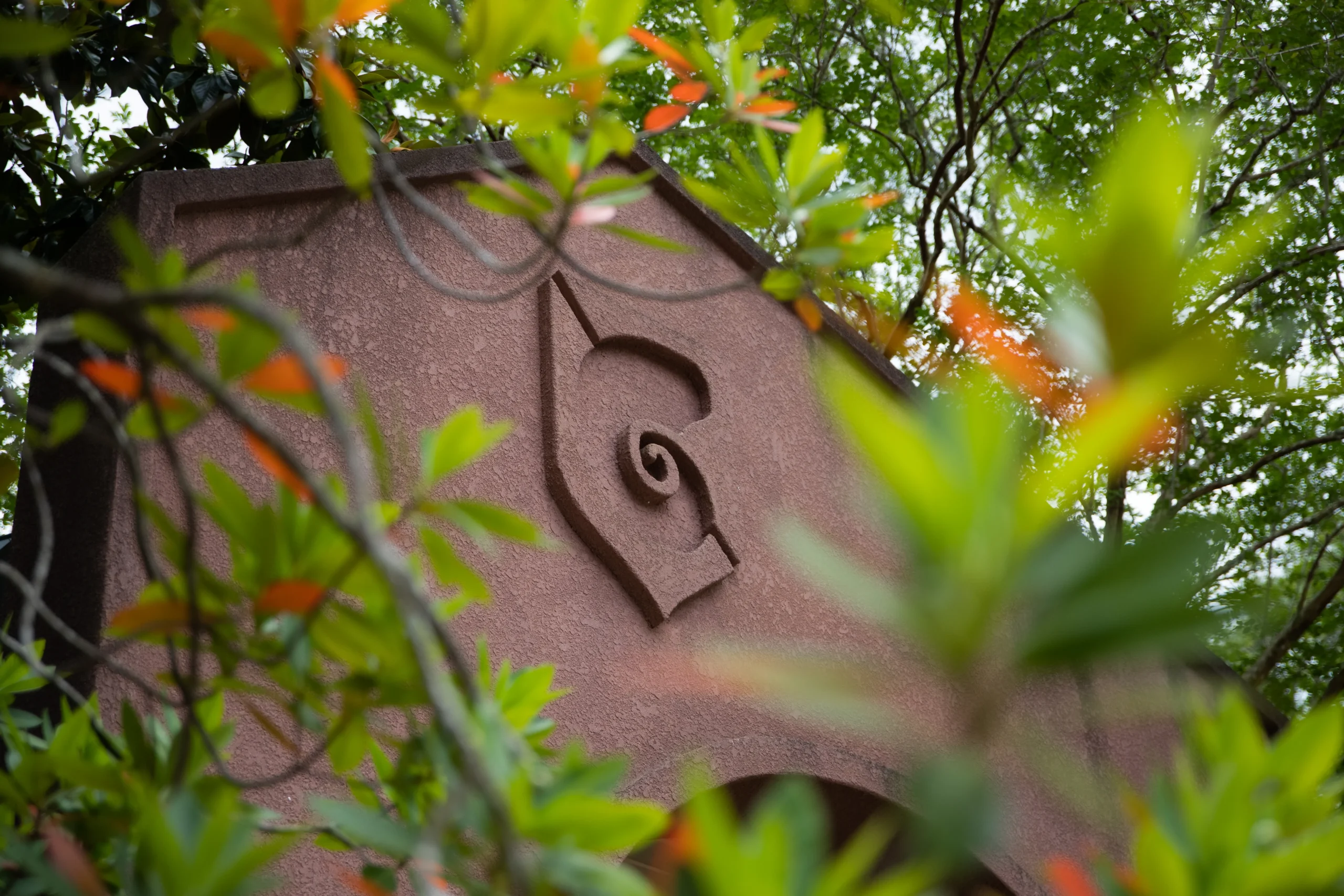 Archway with nautilus shell surrounded by greenery sprinkled with orange leaves