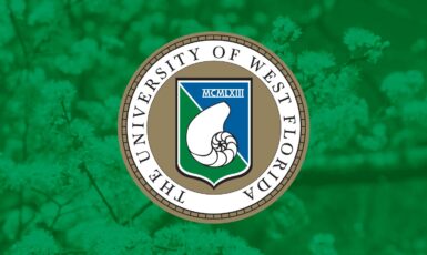 University of West Florida President's emblem overlaid on an image of flowering trees on a green graphic.