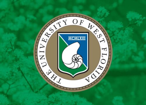 University of West Florida President's emblem overlaid on an image of flowering trees on a green graphic.