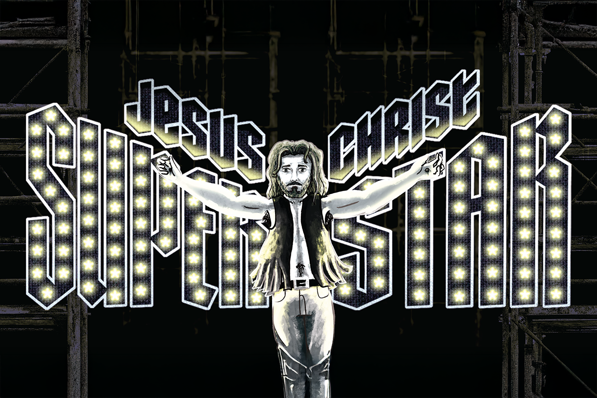 Text: Jesus Christ Superstar. Graphic: Man stands with arms outstretches to each side.