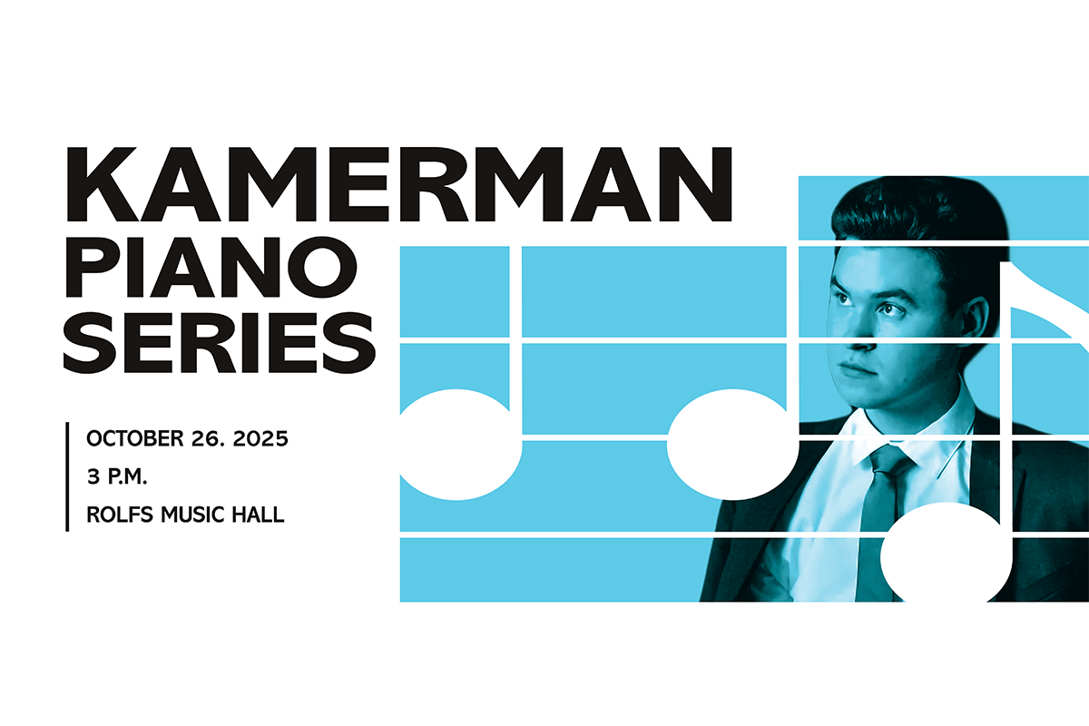 Text: Kamerman Piano Series. October 26, 2025. 3 p.m. Rolfs Music Hall. Graphic: Photo of man in black and white overlaid with blue horizontal lines with music notes.