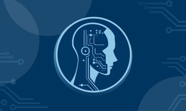 Graphic: Robot head with gears on a blue background with nodes and circles.