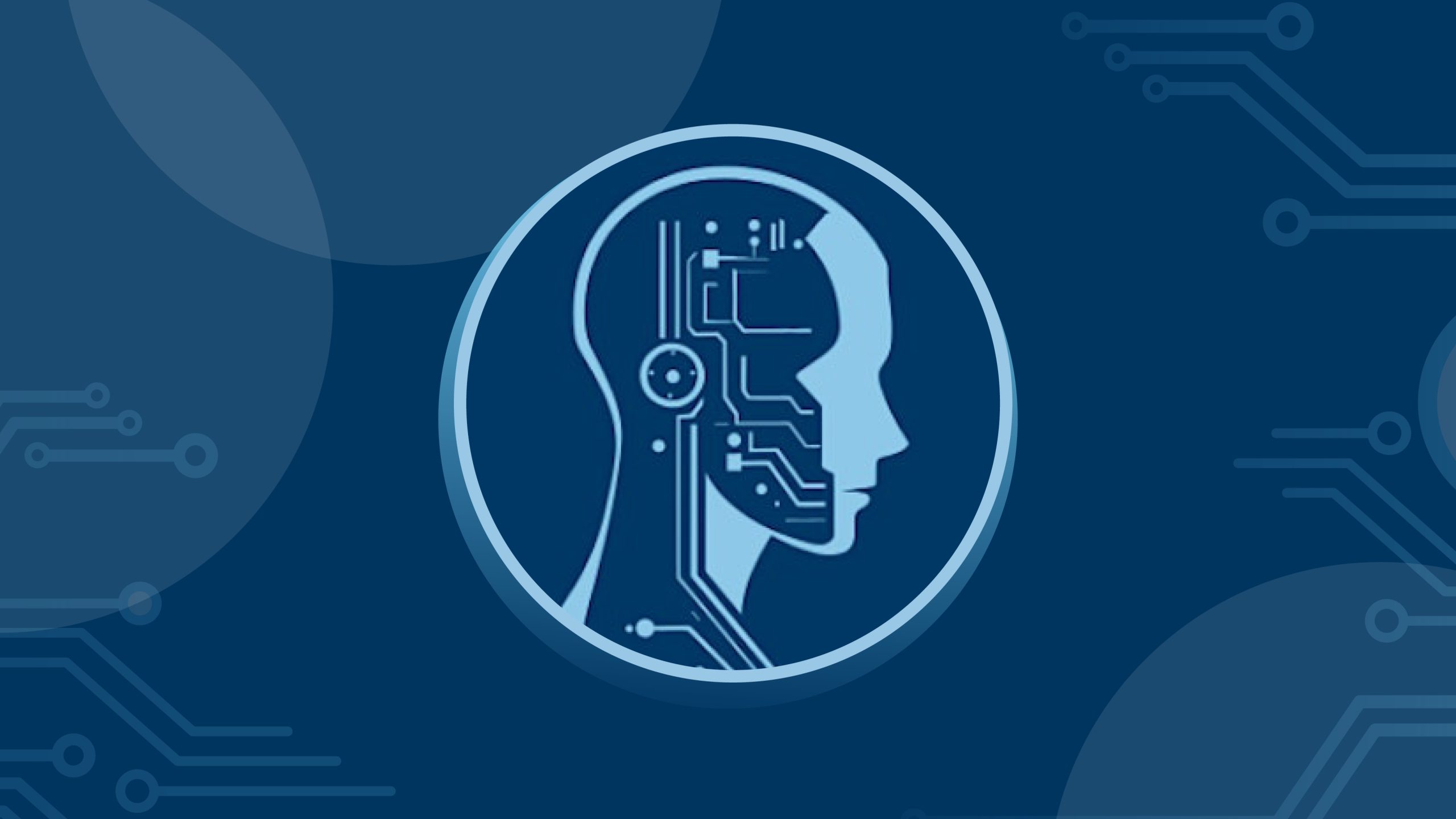 Graphic: Robot head with gears on a blue background with nodes and circles.