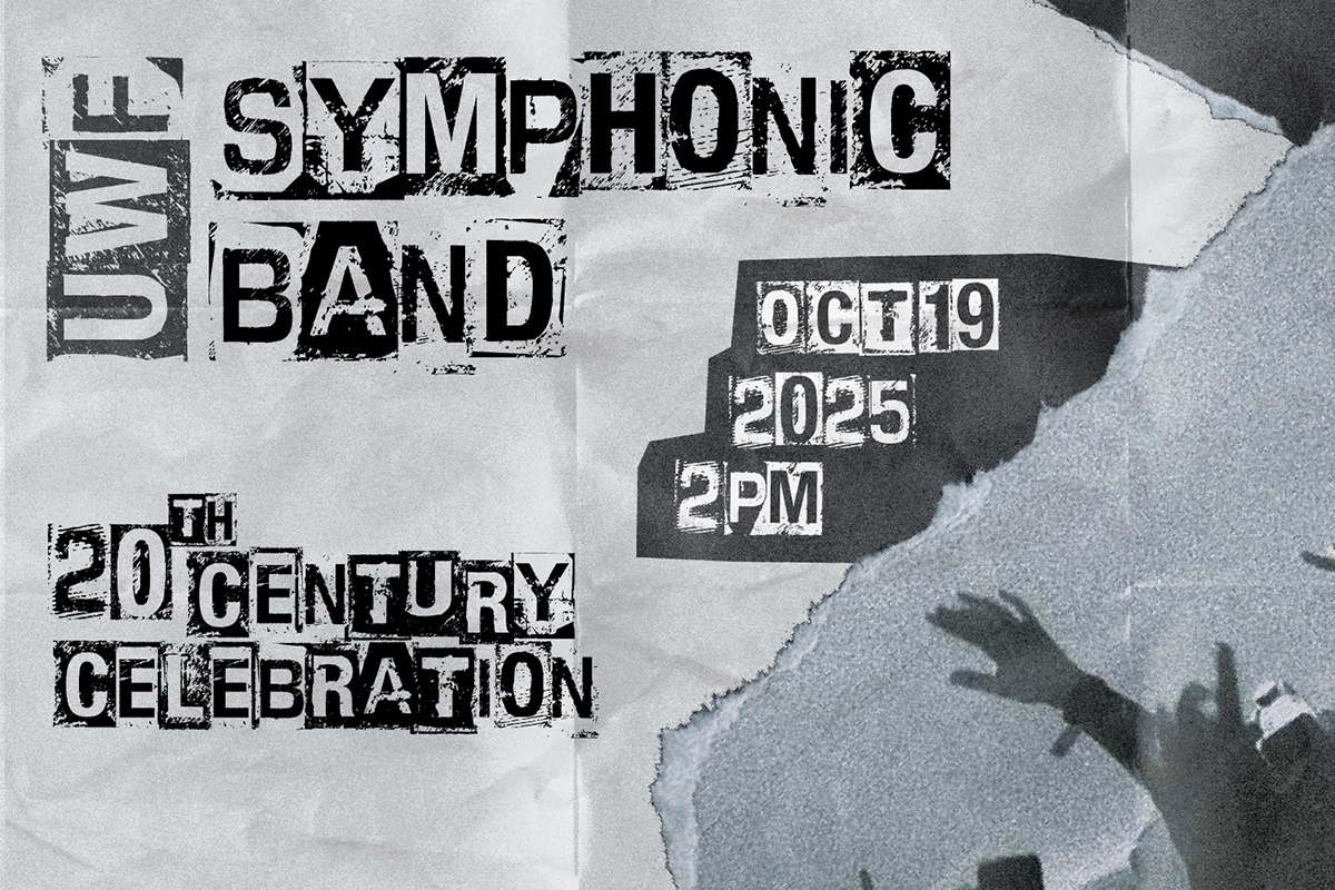 Text on gray graphic: UWF Symphonic Band 20th Century Celebration Oct. 19, 2025, 2 p.m. Graphic: Hands reaching from the bottom right corner toward the text.