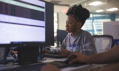 Photo: Student looking at a computer screen in a computer lab.