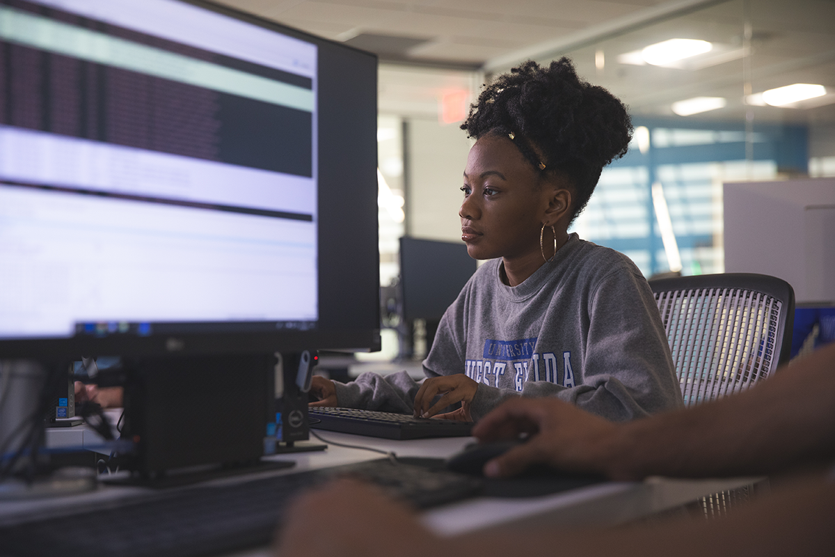Photo: Student looking at a computer screen in a computer lab.