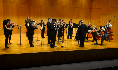 Group of students standing and playing string instruments on a stage.