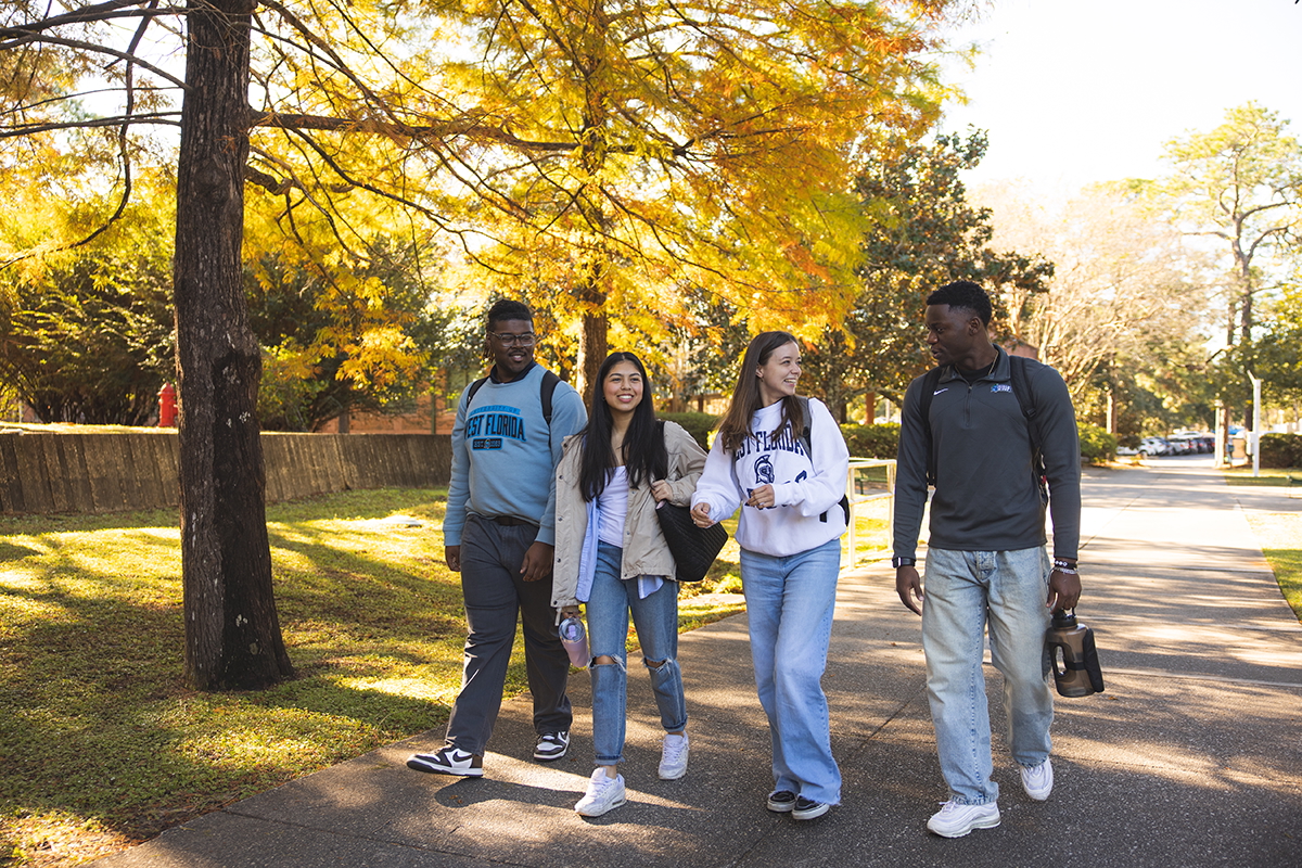 Photo: Four students walk on a sidewalk, talking and laughing, under golden trees.