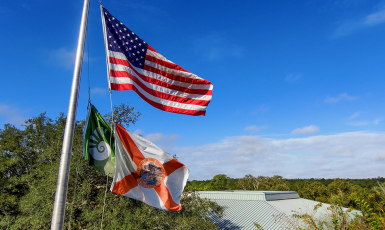 Photo: Three flags fly on a pole above the President's building on UWF's campus: the American flag, Florida state flag and UWF flag.