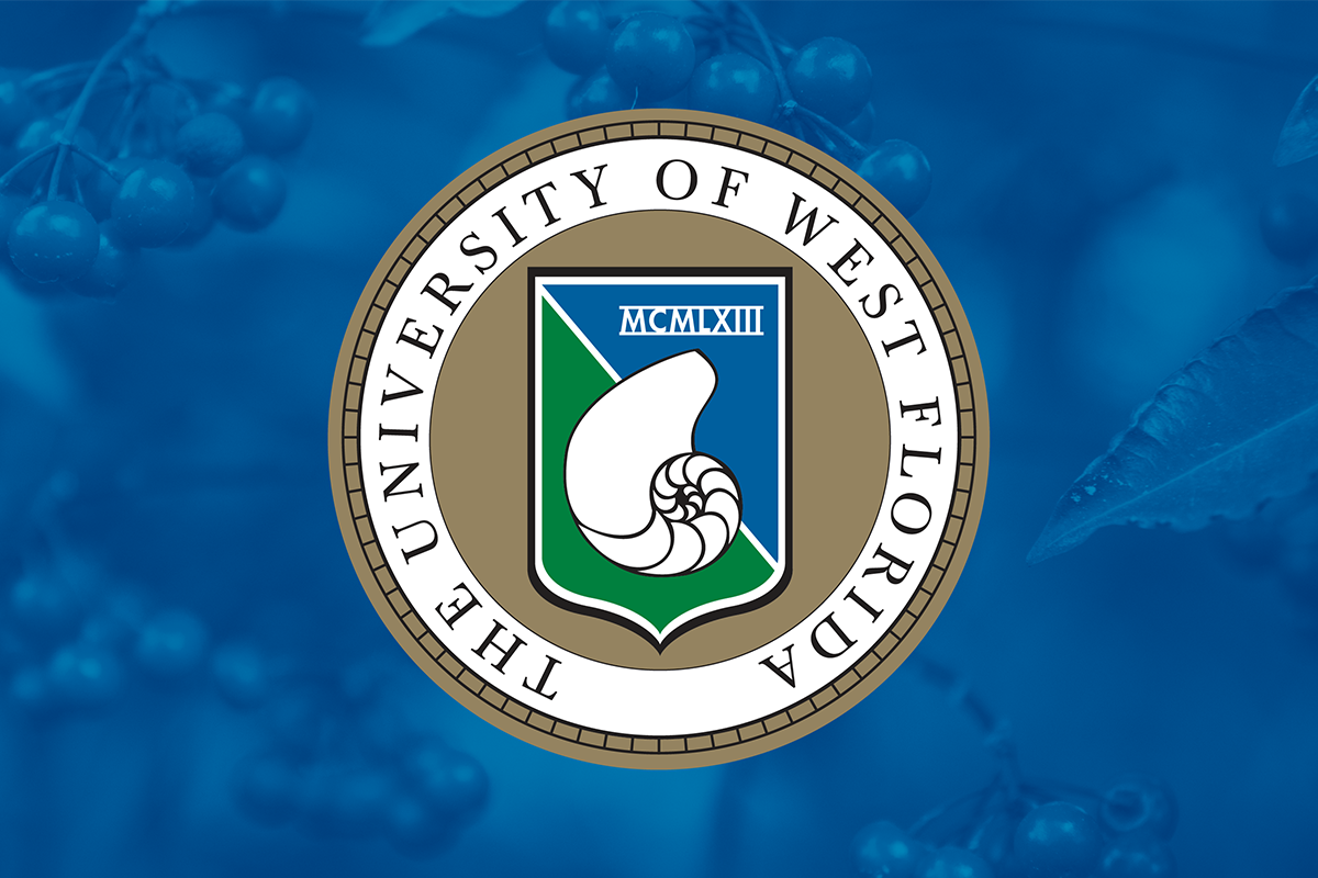 University of West Florida presidential seal over a photo of wild berries with a blue graphic overlay