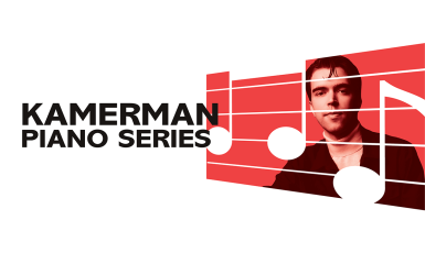 Graphic of a person behind decorative red horizontal bars and music notes. Text: "Kamerman Piano Series"