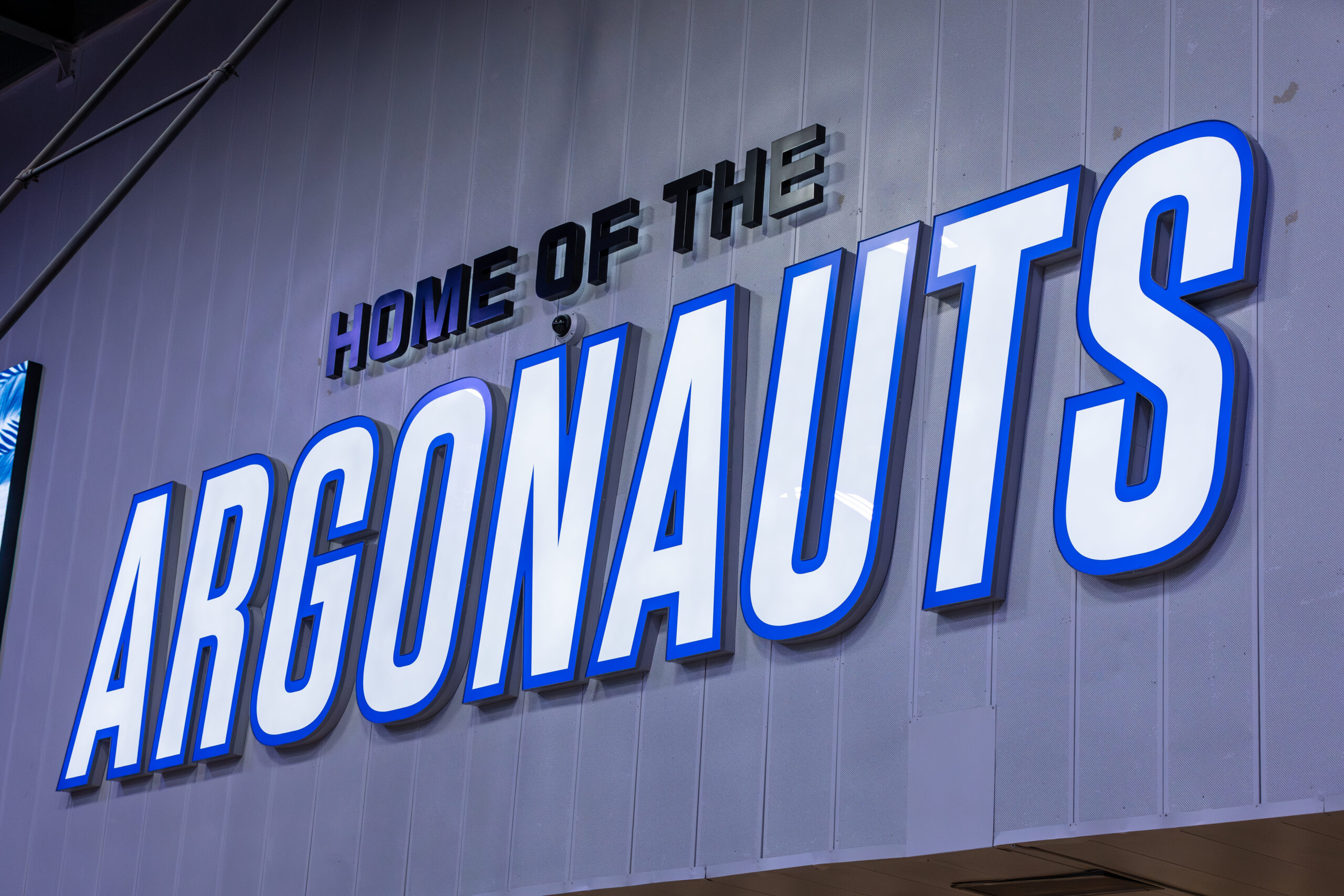 Gymnasium wall with large letters that read, "Home of the Argonauts."