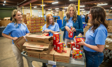 Four people volunteer organizing food inside Manna Food Pantry warehouse.