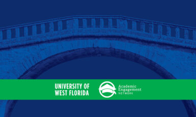 Graphic: Blue shading over a bridge. Green horizontal line with logos for University of West Florida and Academic Engagement Network.