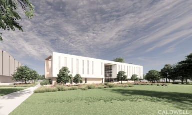 Graphic rendering of long, narrow research building on campus green space.