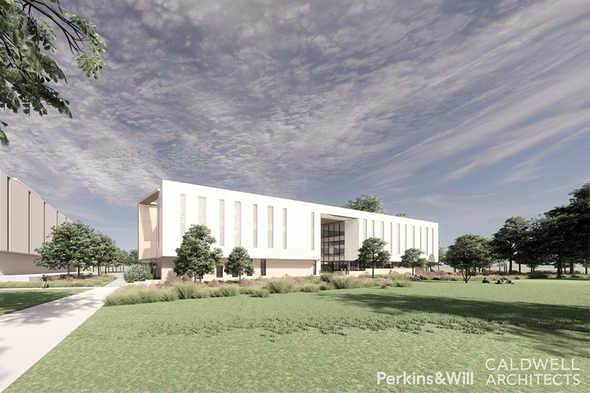 Graphic rendering of long, narrow research building on campus green space.