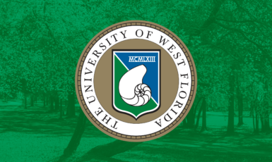 The University of West Florida presidential seal over a photo of a flowering tree with a color-green graphic overlay