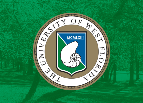 The University of West Florida presidential seal over a photo of a flowering tree with a color-green graphic overlay