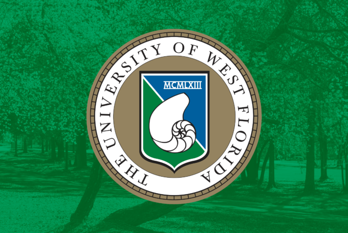 The University of West Florida presidential seal over a photo of a flowering tree with a color-green graphic overlay