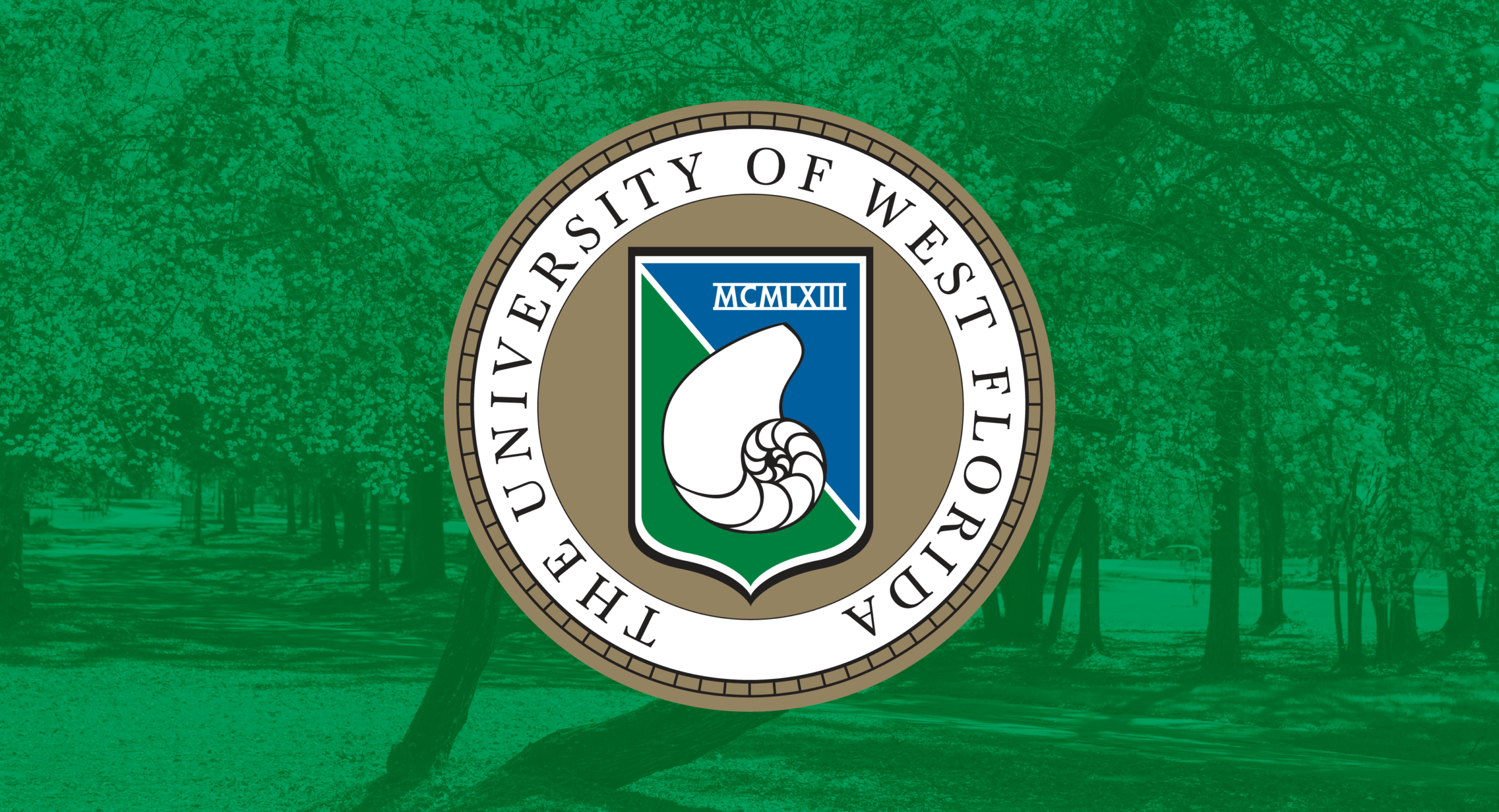 The University of West Florida presidential seal over a photo of a flowering tree with a color-green graphic overlay