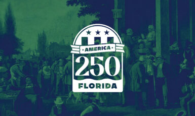 America 250 Florida logo over an old photo of a scene depicting life in the 1800s of men in a street outside buildings.