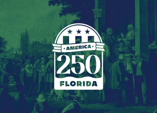 America 250 Florida logo over an old photo of a scene depicting life in the 1800s of men in a street outside buildings.