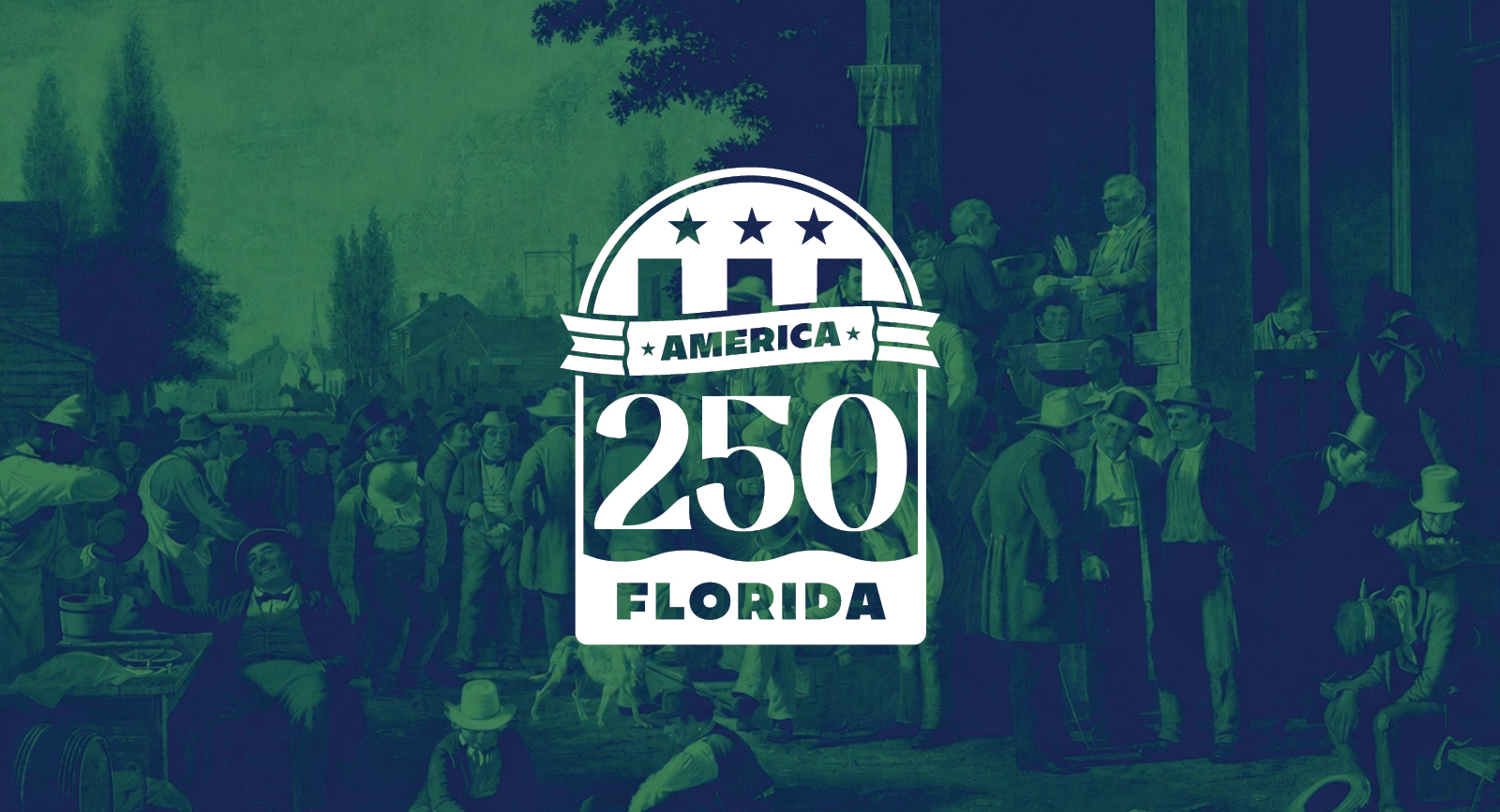 America 250 Florida logo over an old photo of a scene depicting life in the 1800s of men in a street outside buildings.