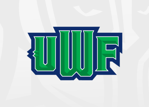 Graphic: Letters UWF in bold green letters with navy blue outline. Argonaut helmet in the background.
