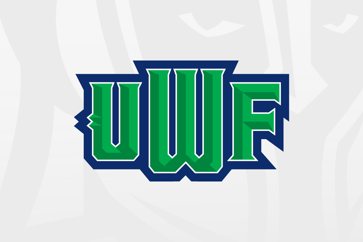 Graphic: Letters UWF in bold green letters with navy blue outline. Argonaut helmet in the background.