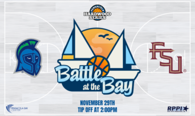 Graphic of basketball court with text: "Pensacola Hardwood Series. Battle at the Bay. November 29th. Tip off at 2:00 p.m. Argonaut mascot is on the left side of the court and FSU logo is on the right side. Pensacola Bay Center and Russ Potts Production logos are small at the bottom.