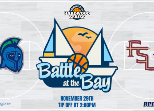 Graphic of basketball court with text: "Pensacola Hardwood Series. Battle at the Bay. November 29th. Tip off at 2:00 p.m. Argonaut mascot is on the left side of the court and FSU logo is on the right side. Pensacola Bay Center and Russ Potts Production logos are small at the bottom.